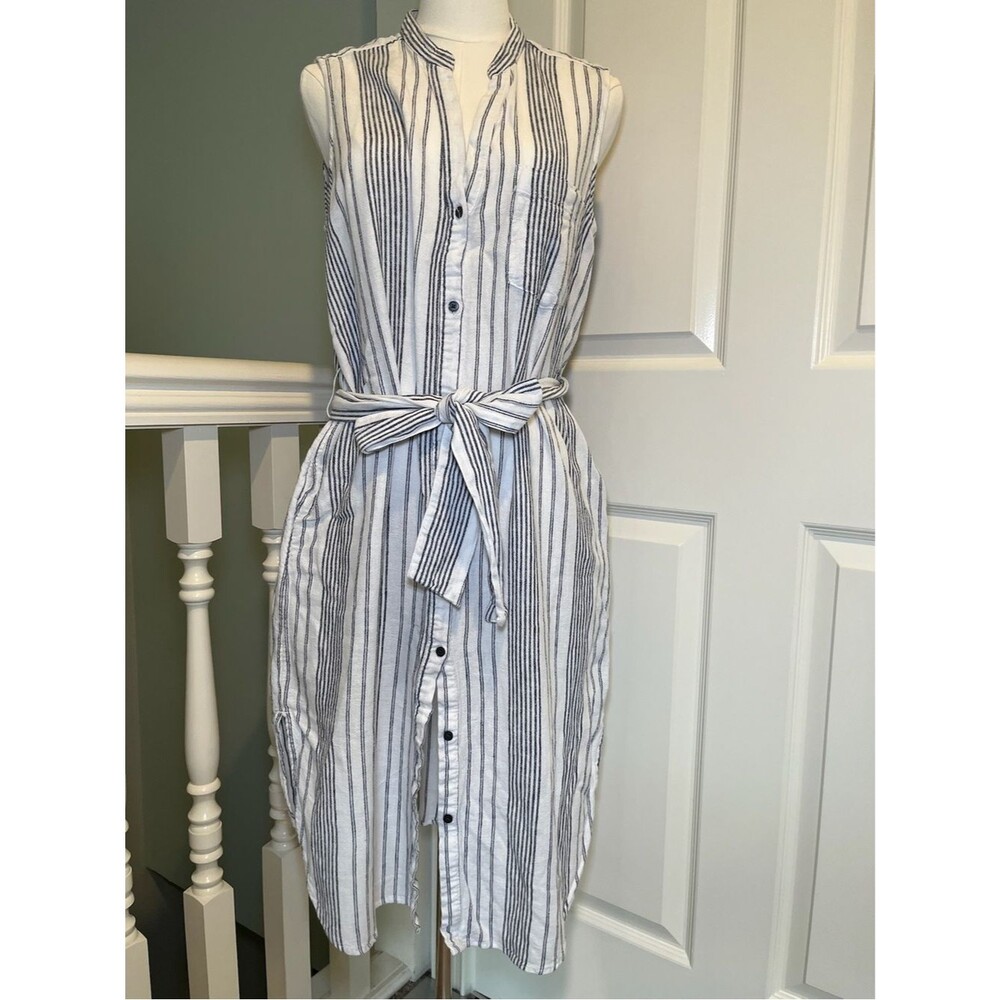 GAP White Sleeveless Midi Shirt Dress with Navy Vertical Stripes and Tie Waist